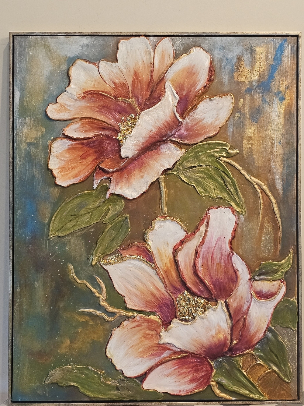 Textured Floral Canvas Painting - Pink, Gold and Green